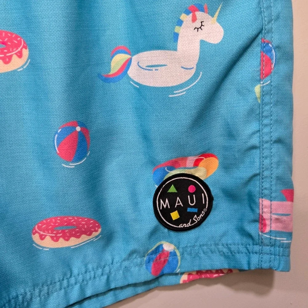 Maui & Sons Swim Trunks Pool Shorts Men Size XL Blue Retro Sport 80s Unicorn Fun